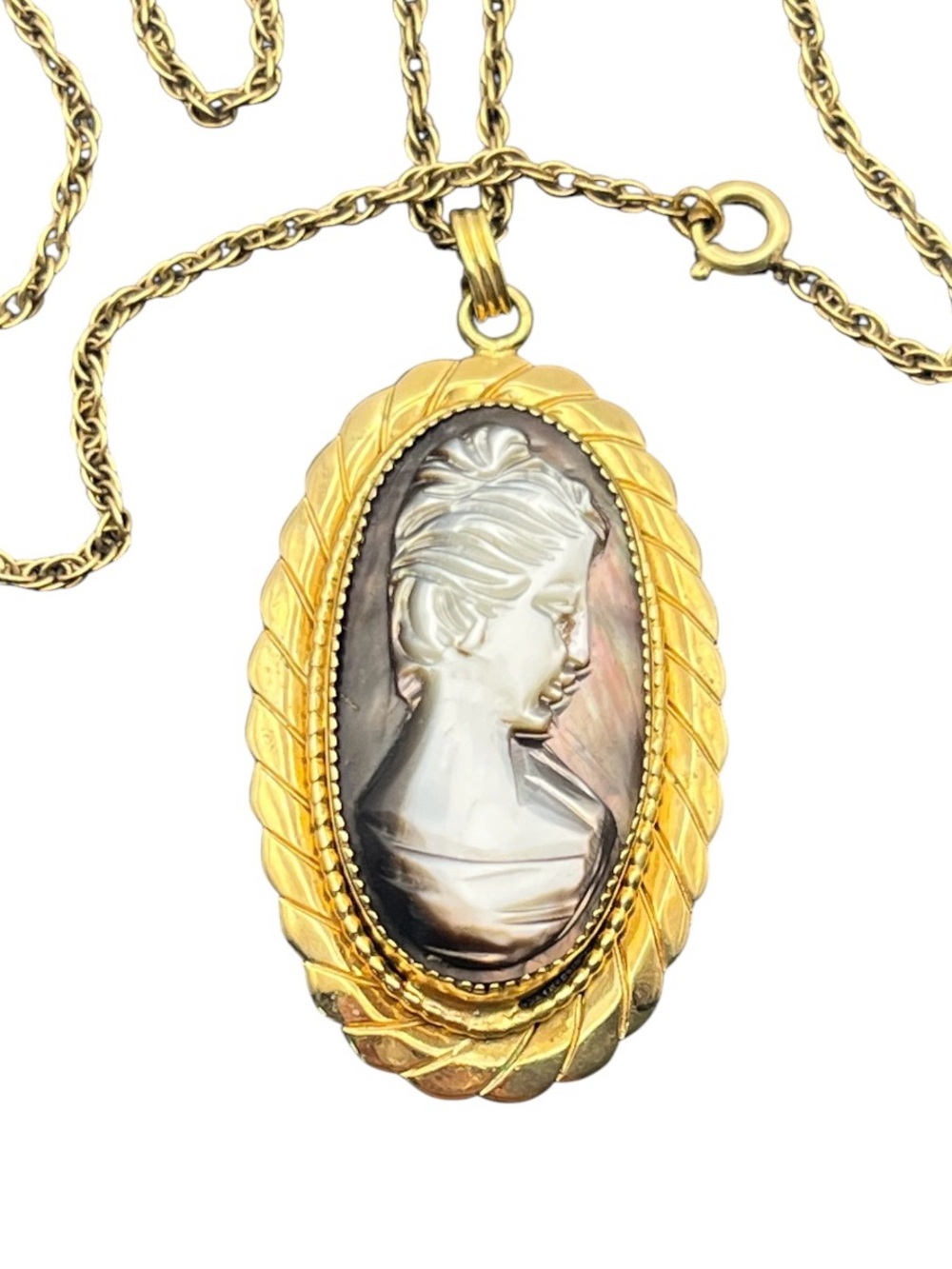 Catamore 12k gold filled carved Cameo shell lady silhouette pendant on necklace